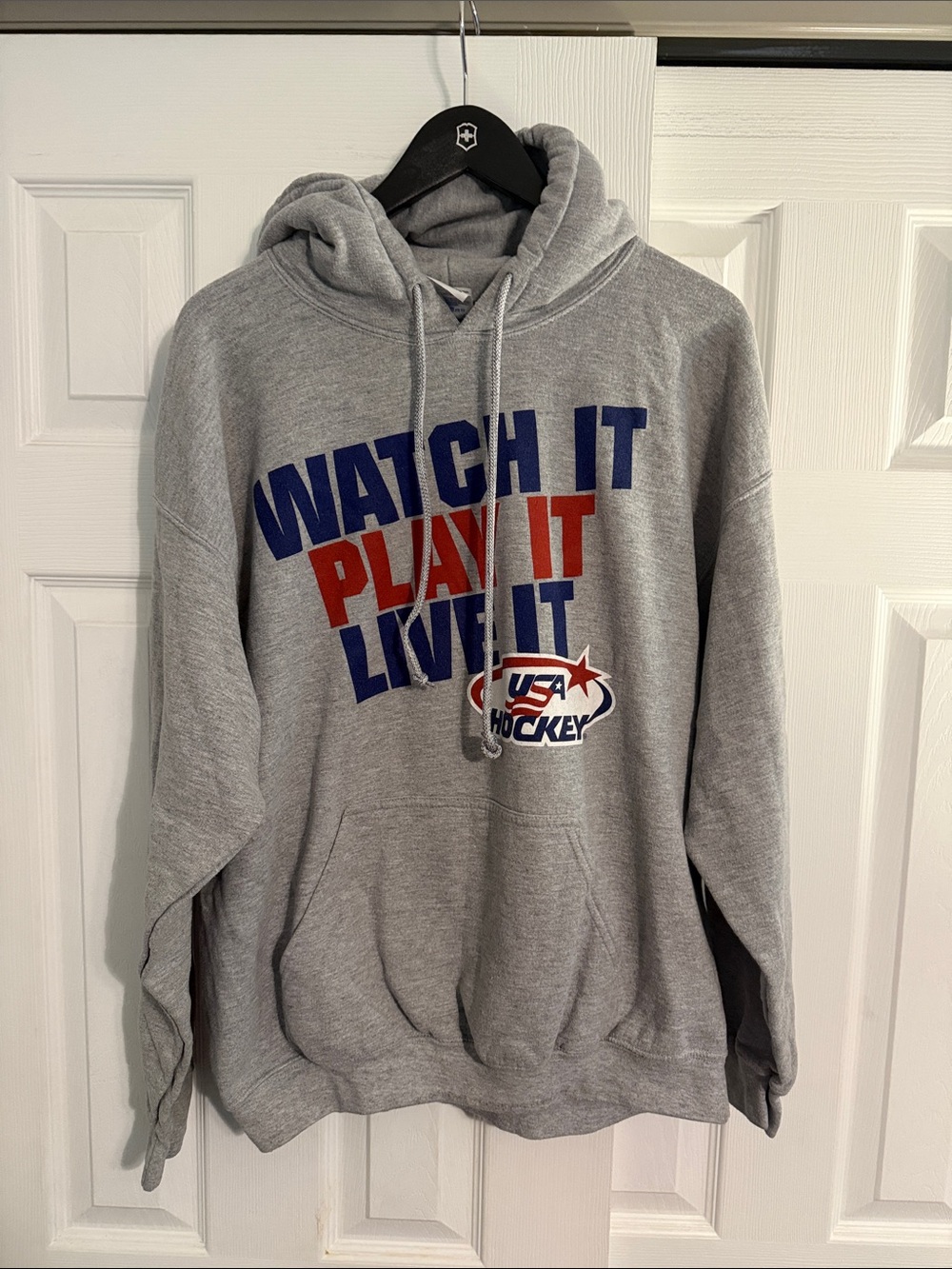 Gildan Gray Hoodie "Watch It Play It Live It" USA Hockey Graphic
